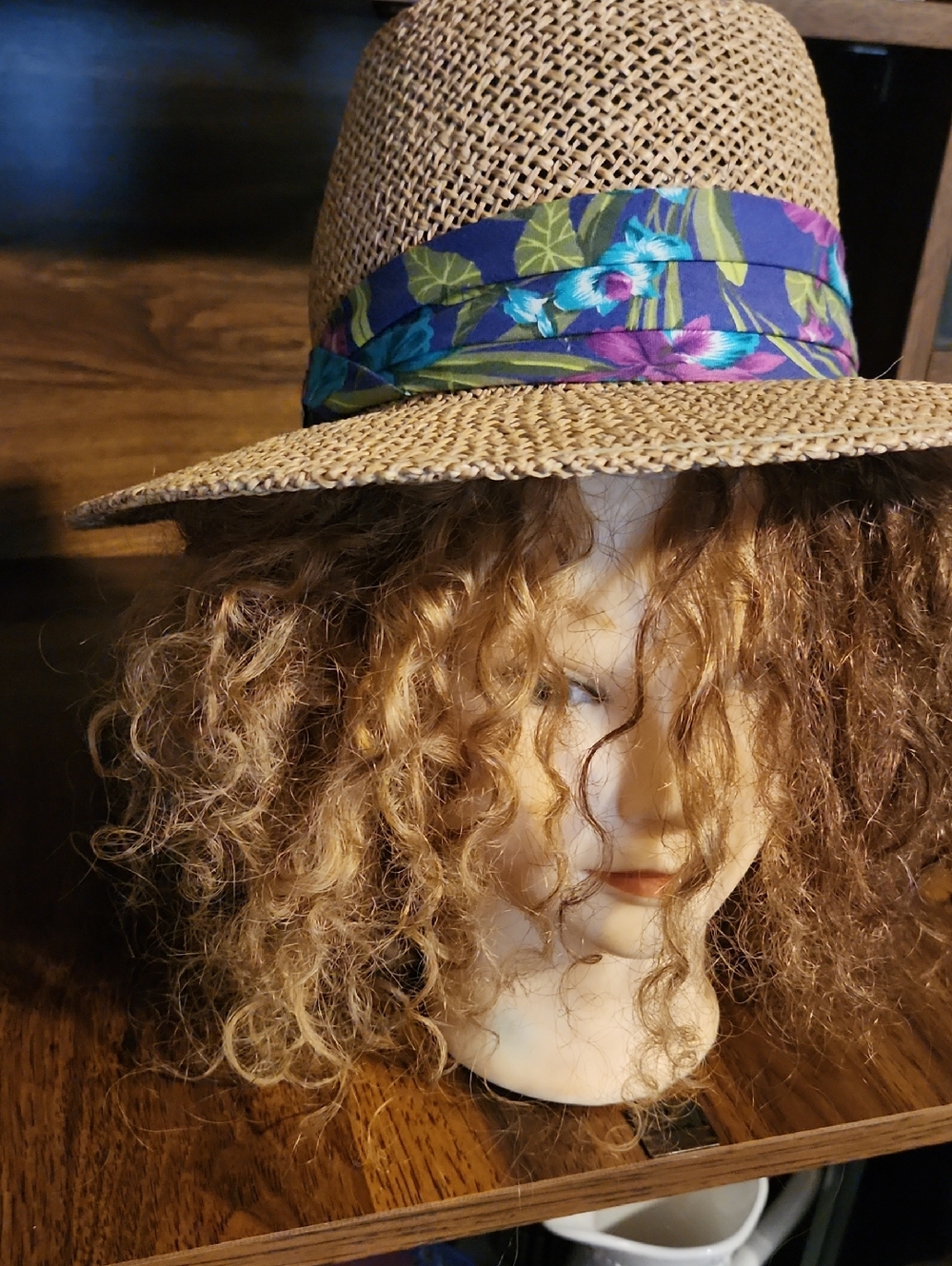 Panama Jack Natural Straw Hat with Purple, Blue and Green Floral Band. Sz MED
